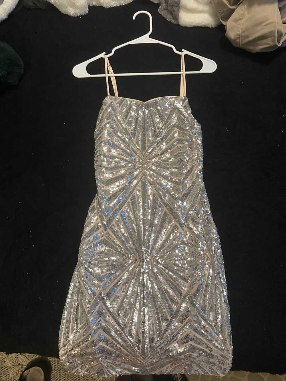Silver Sequin Dress with Nude Straps